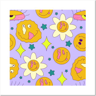 Derpy Y2K Melting Aesethic Smiley Face Flower Emoji Repeating Pattern Posters and Art